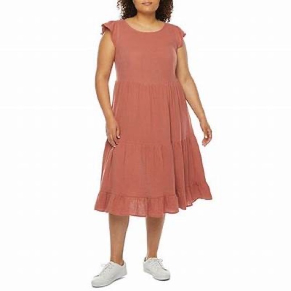 Brannan Terracotta Rose Cotton Gauze Tiered Flutter Sleeve Midi Dress XL
